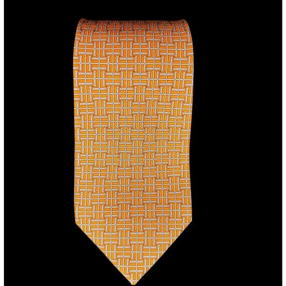 Hermes Classic Tie Mens 5249SA Basketweave H Design 100 Silk Orange White France - Picture 1 of 6